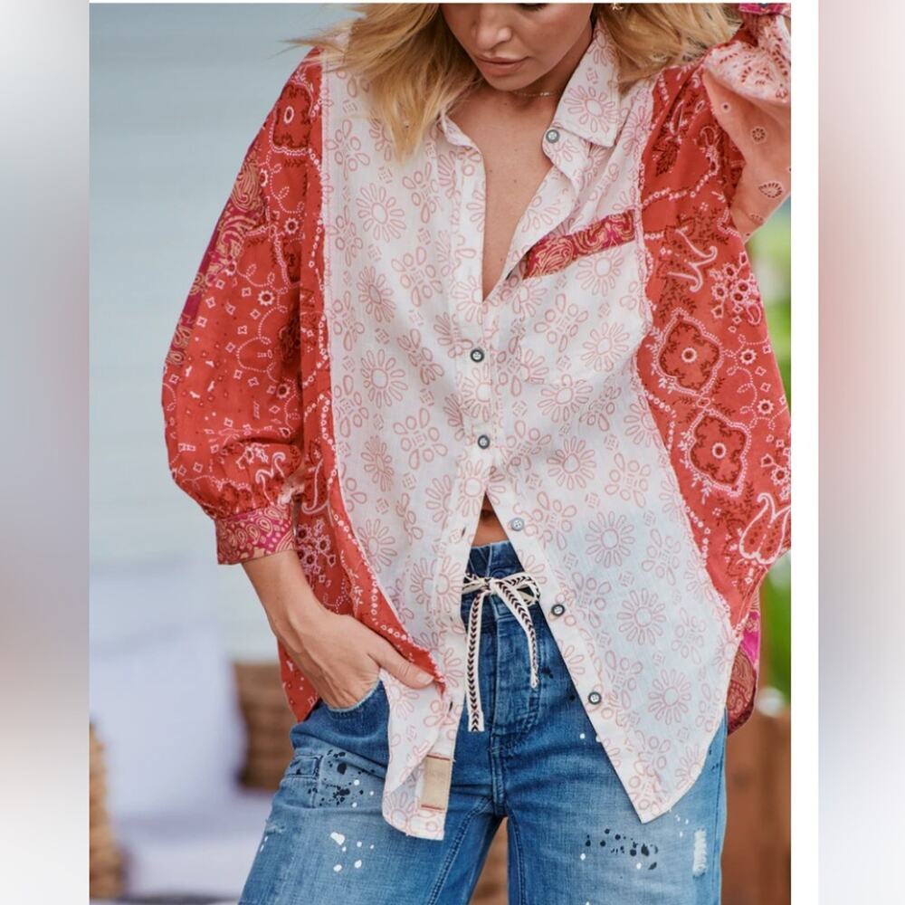 Free People Red and Cream Patchwork Bandana Button-Up Blouse